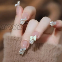 24Pcs Yellow French Fake Nails Long Coffin False With Rhinestones Detachable Ballerina Full Cover