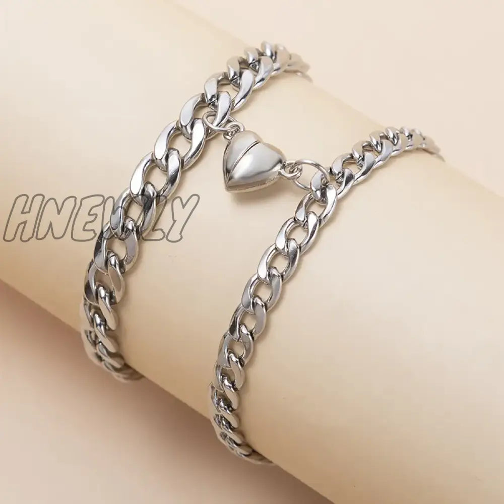 Hnewly 2Pcs/Set Magnet Couple Bracelets Heart Attraction Bracelet Stainless Steel Charm Simple