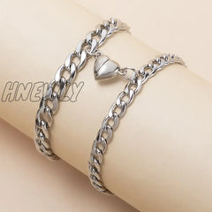 Hnewly 2Pcs/Set Magnet Couple Bracelets Heart Attraction Bracelet Stainless Steel Charm Simple