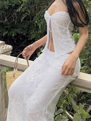 Hnewly 2Pcs Women Sets Lace Corsets Strapless Off Shoulder Tube Tops Party Club Mesh See Through