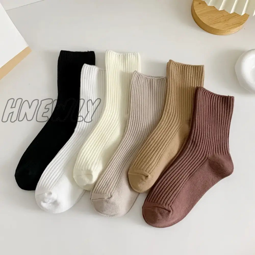 Hnewly 3 Pairs Lot Women Socks Cotton Retro Crew Tube Solid Color Winter Fashion Hajuruku Black