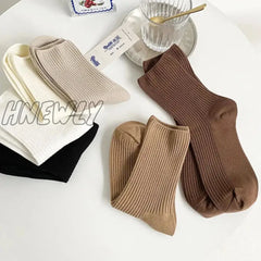 Hnewly 3 Pairs Lot Women Socks Cotton Retro Crew Tube Solid Color Winter Fashion Hajuruku Black