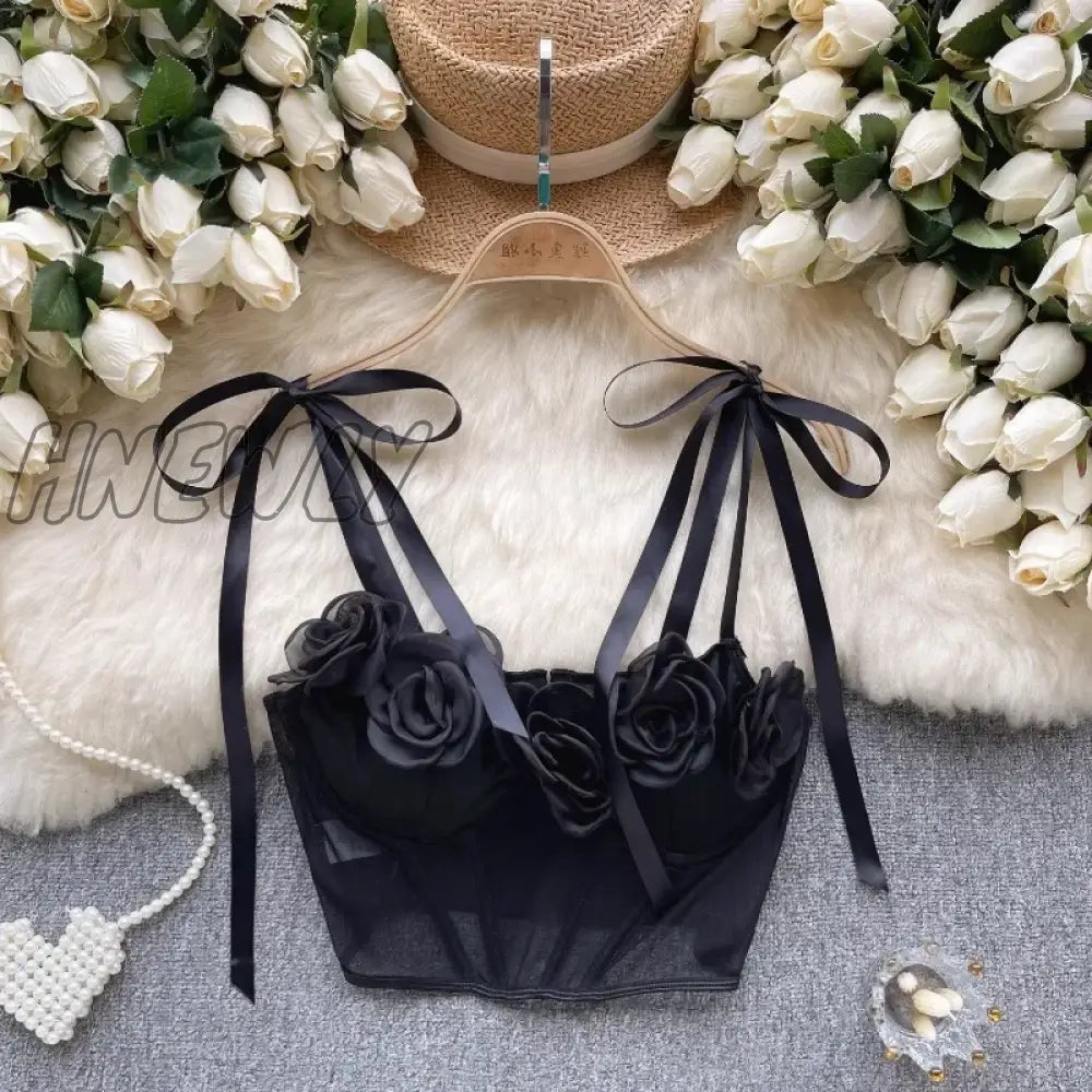 Hnewly 3D Flower Spaghetti Strap Mesh Spicy Girl Corset Crop Tank Top Lace-Up Sexy Tanks Cami Women