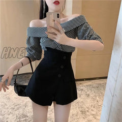 Hnewly 4Xl Suit Black Shorts Women High Waist Irregular Wide Leg Short Pants Office Lady Elegant A