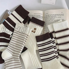 Hnewly 5Pairs/Set Autumn Winter Striped Cotton Socks Women Retro Korean Cartoon Bear Middle Tube