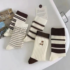 Hnewly 5Pairs/Set Autumn Winter Striped Cotton Socks Women Retro Korean Cartoon Bear Middle Tube