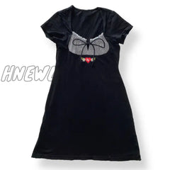 Hnewly 90S Vintage Kawaii Bow Embroidery Mini Dress Patchwork Square Collar Short Sleeve Y2K