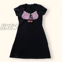 Hnewly 90S Vintage Kawaii Bow Embroidery Mini Dress Patchwork Square Collar Short Sleeve Y2K