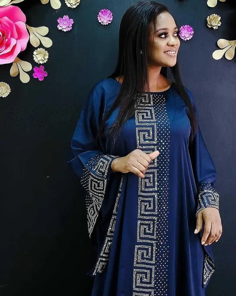 Hnewly African Design Dashiki Dress Silk Beading Abaya Bandage Maxi Bazin Vintage Long Sleeve Robe