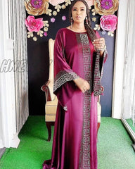 Hnewly African Design Dashiki Dress Silk Beading Abaya Bandage Maxi Bazin Vintage Long Sleeve Robe