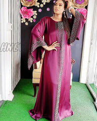 Hnewly African Design Dashiki Dress Silk Beading Abaya Bandage Maxi Bazin Vintage Long Sleeve Robe