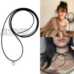 Hnewly Alloy Heart Necklace With Tie Up Rope Simple Hollow Pendant Clavicle Chain Women Girl Dainty