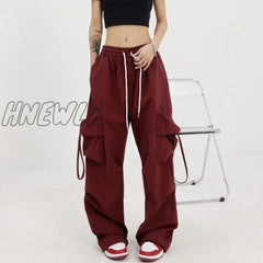 Hnewly American Cargo Pants Women Large Pocket Draw Rope Retro Straight Solid Color Street Casual
