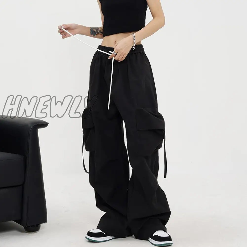 Hnewly American Cargo Pants Women Large Pocket Draw Rope Retro Straight Solid Color Street Casual