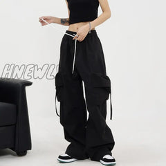 Hnewly American Cargo Pants Women Large Pocket Draw Rope Retro Straight Solid Color Street Casual