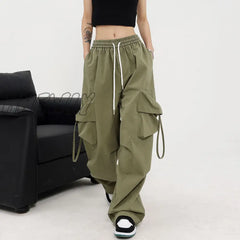 Hnewly American Cargo Pants Women Large Pocket Draw Rope Retro Straight Solid Color Street Casual
