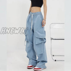 Hnewly American Cargo Pants Women Large Pocket Draw Rope Retro Straight Solid Color Street Casual