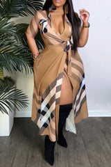 Hnewly - Apricot Brown Casual Daily Plaid Bandage Printing Turndown Collar Short Sleeve Dress