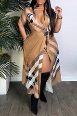 Hnewly - Apricot Brown Casual Daily Plaid Bandage Printing Turndown Collar Short Sleeve Dress