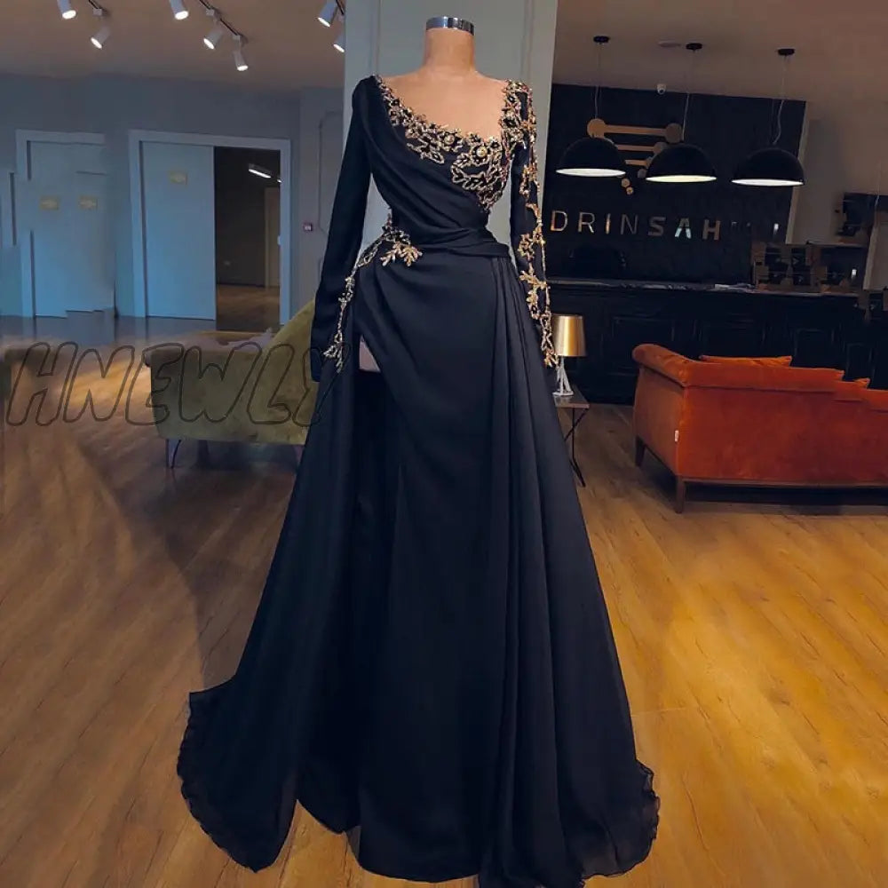 Hnewly Arabic A Line Evening Dress Long Sleeves Morocco Satin High Split Lace Appliques Prom