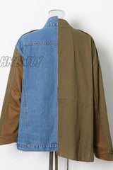 Hnewly - Army Green Casual Print Patchwork Turndown Collar Long Sleeve Regular Denim Jacket Coats