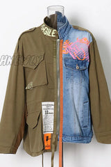 Hnewly - Army Green Casual Print Patchwork Turndown Collar Long Sleeve Regular Denim Jacket Coats