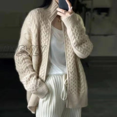 Hnewly Autumn And Winter Thick High-Necked Cashmere Knitted Cardigan Woman Loose Thin Zipper