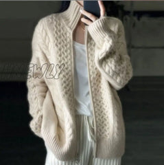 Hnewly Autumn And Winter Thick High-Necked Cashmere Knitted Cardigan Woman Loose Thin Zipper