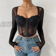 Hnewly Autumn Backless Sexy Lace Long Sleeve Women Blouse Black Embroidery Floral Bare Shoulder