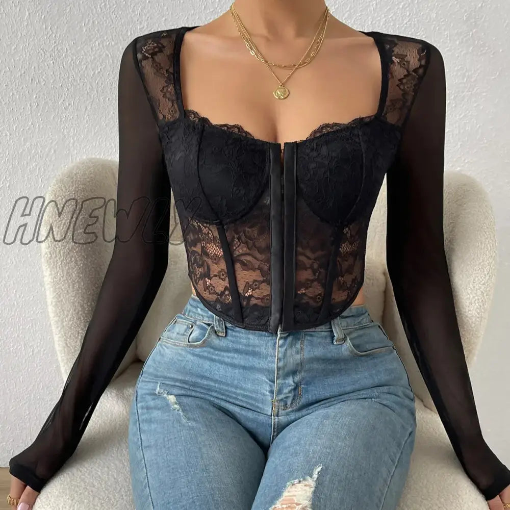 Hnewly Autumn Backless Sexy Lace Long Sleeve Women Blouse Black Embroidery Floral Bare Shoulder