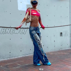 Hnewly Autumn Colorful Print Y2K Crop Tops New Women Sexy Backless Long Sleeve T - Shirts Hipster