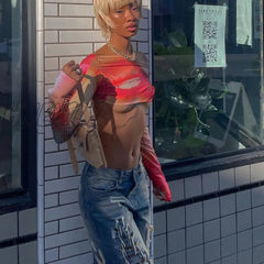 Hnewly Autumn Colorful Print Y2K Crop Tops New Women Sexy Backless Long Sleeve T - Shirts Hipster
