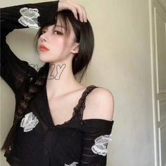 Hnewly Autumn Cute Butterfly Knitted Cardigan Women Korean Sexy V-Neck Short Sweater Jacket Summer