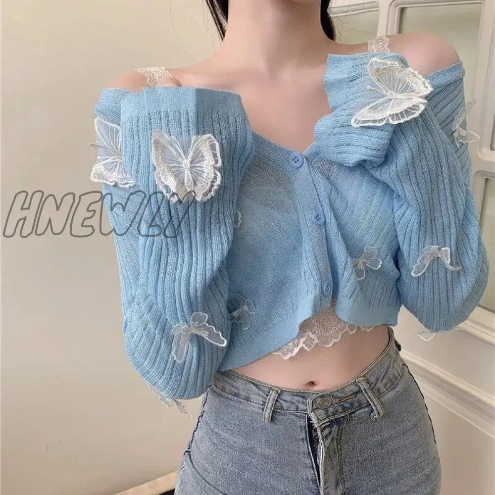 Hnewly Autumn Cute Butterfly Knitted Cardigan Women Korean Sexy V-Neck Short Sweater Jacket Summer