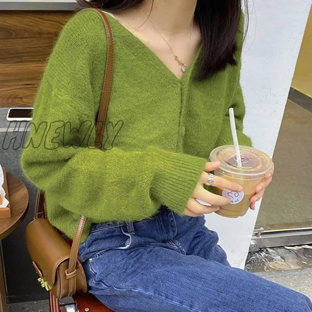 Hnewly Autumn Fashion V-Neck Knitted Cardigan Women Green Long Sleeve Single Breasted Sweaters