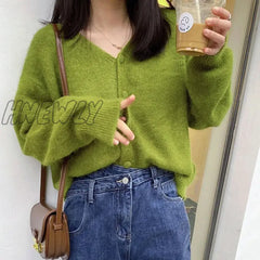 Hnewly Autumn Fashion V-Neck Knitted Cardigan Women Green Long Sleeve Single Breasted Sweaters