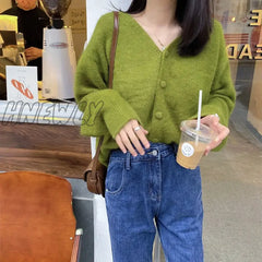 Hnewly Autumn Fashion V-Neck Knitted Cardigan Women Green Long Sleeve Single Breasted Sweaters