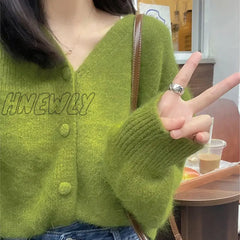 Hnewly Autumn Fashion V-Neck Knitted Cardigan Women Green Long Sleeve Single Breasted Sweaters