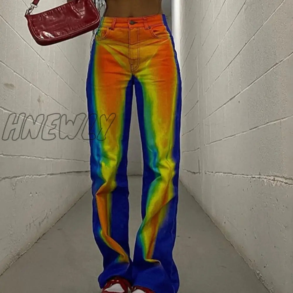 Hnewly Autumn High Waist Casual Buttons Trousers For Women Streetwear Fashion Print Stretch Loose