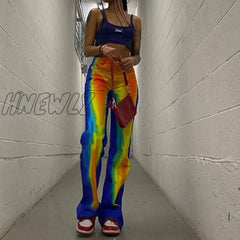 Hnewly Autumn High Waist Casual Buttons Trousers For Women Streetwear Fashion Print Stretch Loose