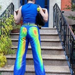 Hnewly Autumn High Waist Casual Buttons Trousers For Women Streetwear Fashion Print Stretch Loose