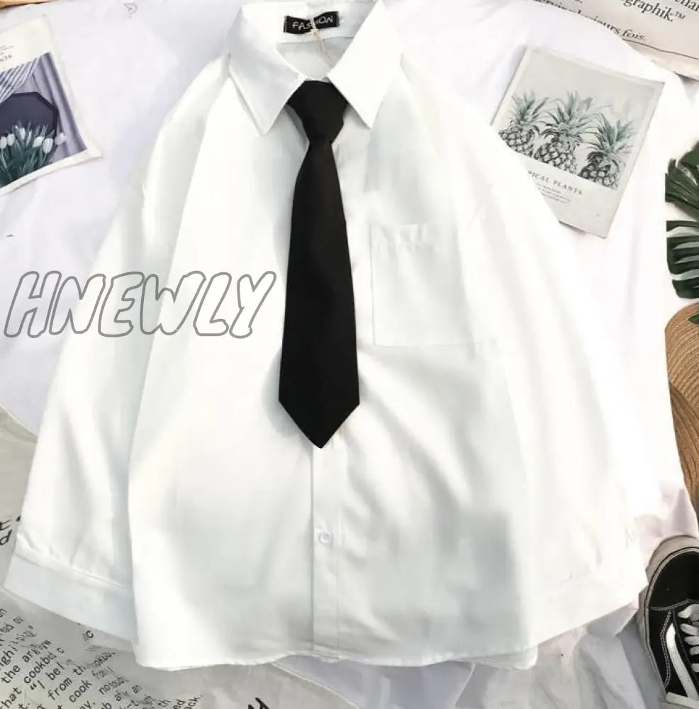 Hnewly Autumn Long Sleeve Loose Student Blouse Shirt Women White Black Turn Down Collar Casual