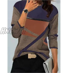 Hnewly Autumn Long Sleeve T-Shirt Women Casual Skew Collar Patchwork Shirt Slim Office Lady Blouses
