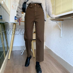 Hnewly Autumn New Brown Straight Denim Vintage Slender Office Lady Jeans Women Trousers High Waist
