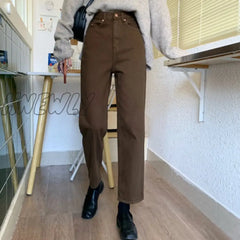 Hnewly Autumn New Brown Straight Denim Vintage Slender Office Lady Jeans Women Trousers High Waist