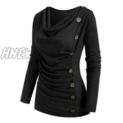 Hnewly Autumn New Solid Color Cowl Neck Heather Mock Button T-Shirt Long Sleeve Tee Women T Shirt