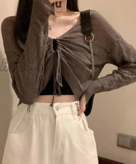 Hnewly Autumn New Solid Color Slim Cardigan Woman Sweet Ladies Hollow Out Pink White Green Black