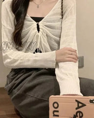 Hnewly Autumn New Solid Color Slim Cardigan Woman Sweet Ladies Hollow Out Pink White Green Black