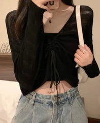 Hnewly Autumn New Solid Color Slim Cardigan Woman Sweet Ladies Hollow Out Pink White Green Black
