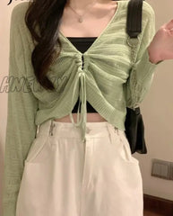 Hnewly Autumn New Solid Color Slim Cardigan Woman Sweet Ladies Hollow Out Pink White Green Black